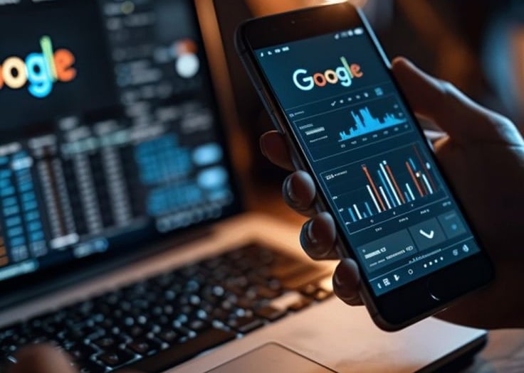 Un téléphone potable dans une main affiche google analitics