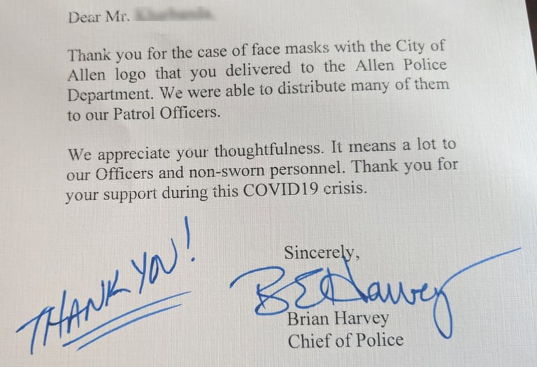 a letter of appreciation from Allen Chief of Police
