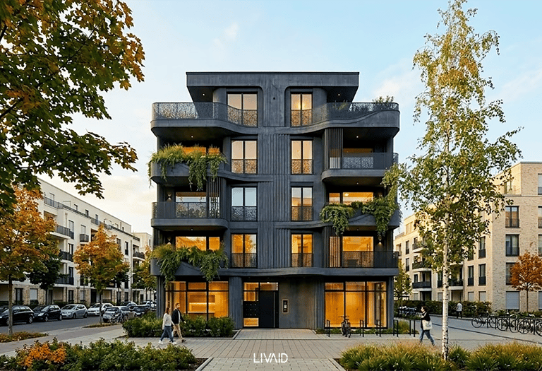 Frontale Ansicht des MFH Haus BEM mit rhythmisch angeordneten, Balkonen, vertikalen Lamellen