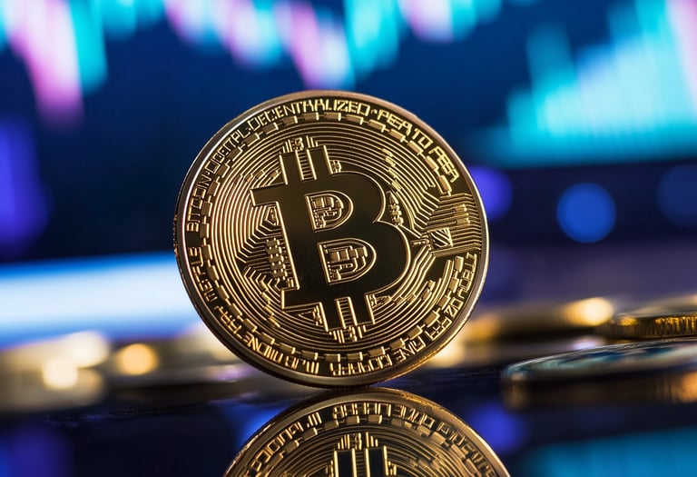 bitcoin on black surface with charts in background