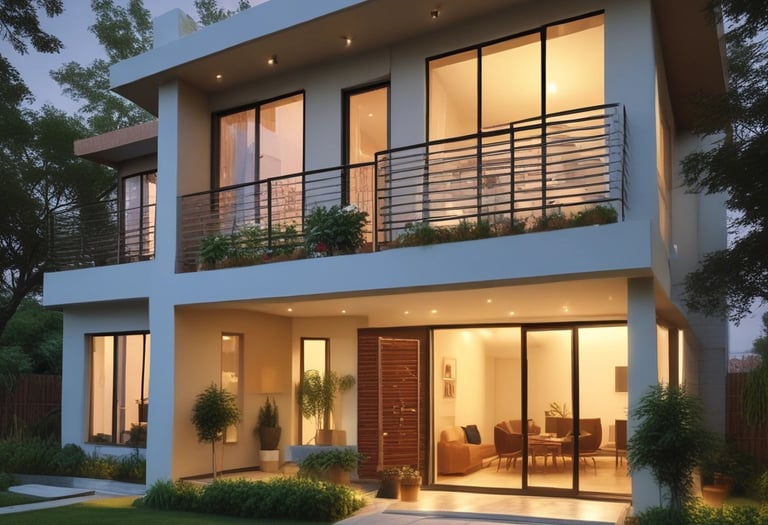 A beautifully lit Vedanta Homes exterior at dusk showcasing elegant architecture and lush landscaping.