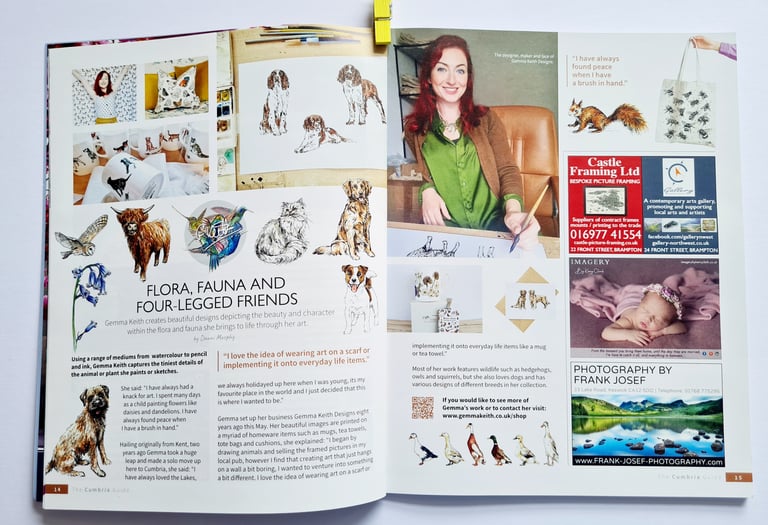 A magazine feature about Gemma Keith Designs showing watercolor animal art, mugs, and cushions.