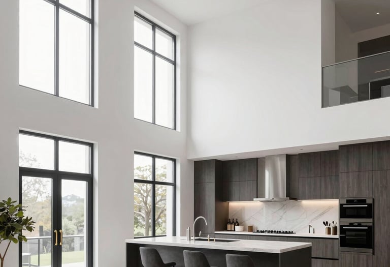 Modern kitchen with wood cabinets and large windows.