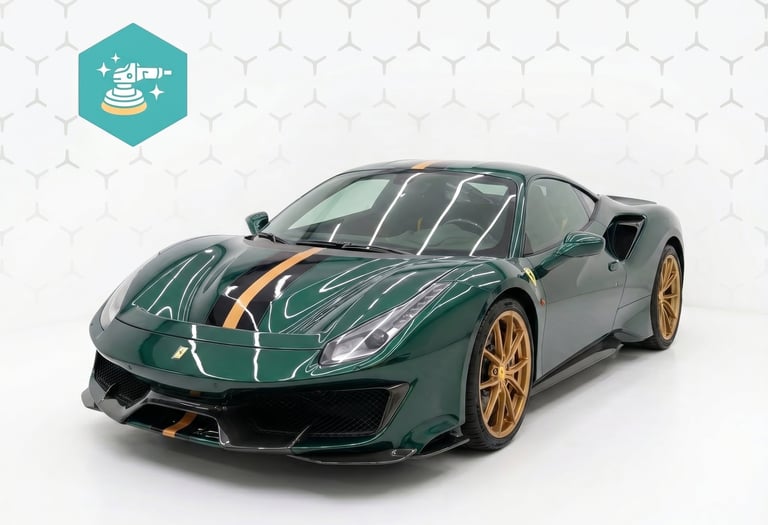 Green Ferrari 488 Pista with gold racing stripes and wheels in a professional car detailing studio.