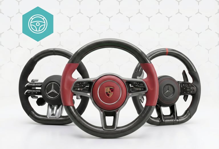 Custom carbon fiber and leather steering wheels for Porsche and Mercedes-Benz luxury cars.