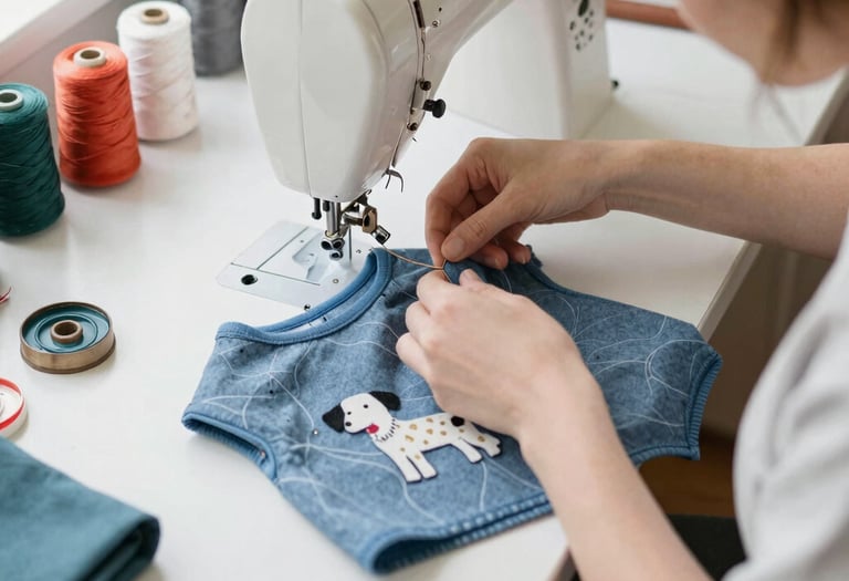 mujer cosiendo ropa para perros y gatos en un. taller 