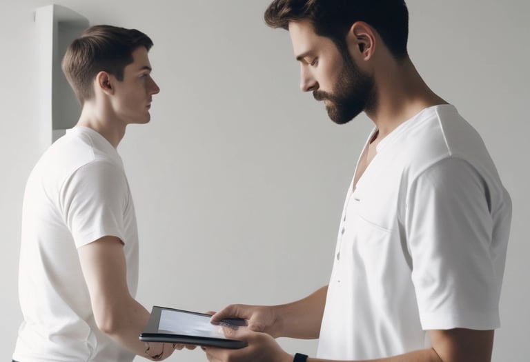 Orthopedic surgeon consulting a patient with a custom brace in a bright clinic room.