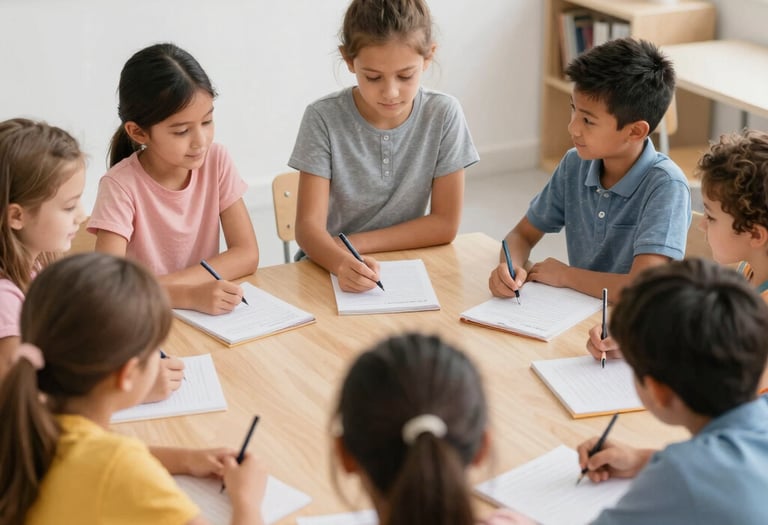 Small group of students collaborating on a hands-on art activity in a bright classroom.
