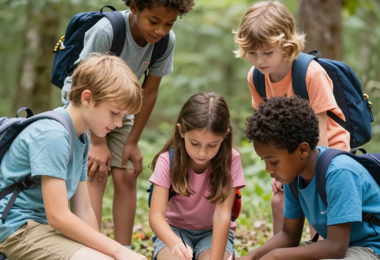 Children working together on a creative outdoor science project.