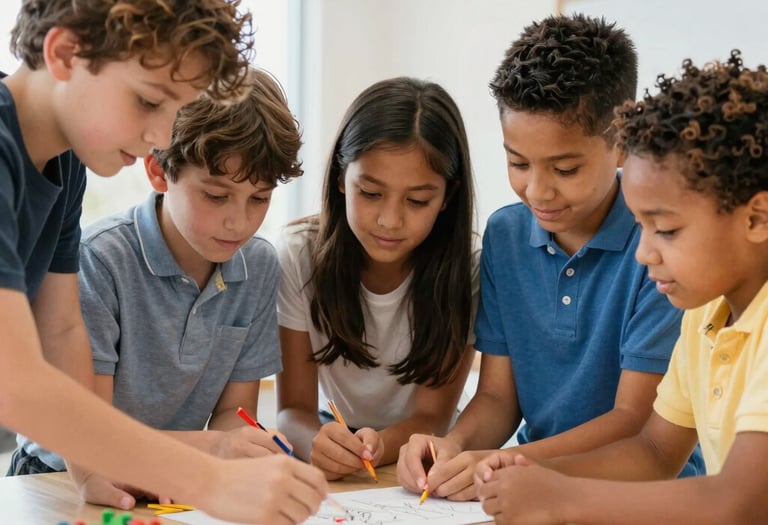Small group of students collaborating on a hands-on art activity in a bright classroom.
