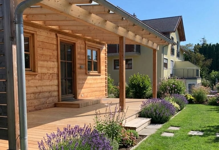 Überdachte Holzterrasse an einer Holzfassade im Garten von Holztechnik Volk am Ammersee
