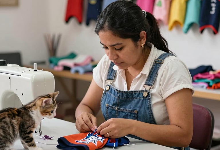 Una costurera cose ropa para mascotas en una máquina de coser, mientras un gatito la observa