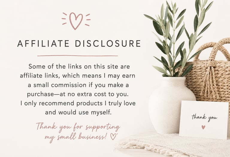 Affiliate disclosure graphic for small business featuring a woven basket, olive branch, and thank you note.
