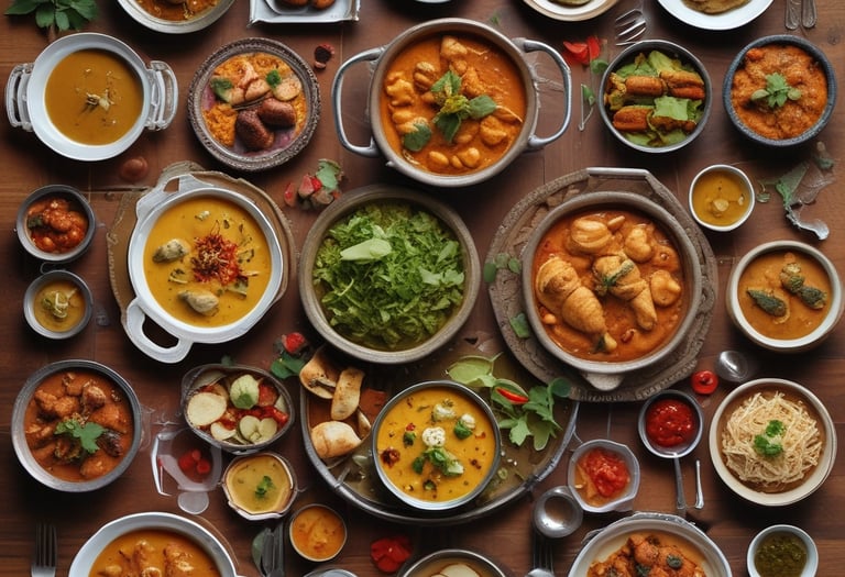 A vibrant display of four colorful dishes representing Chinese, Continental, Local, and Dessert cuisines arranged on a rustic wooden table.