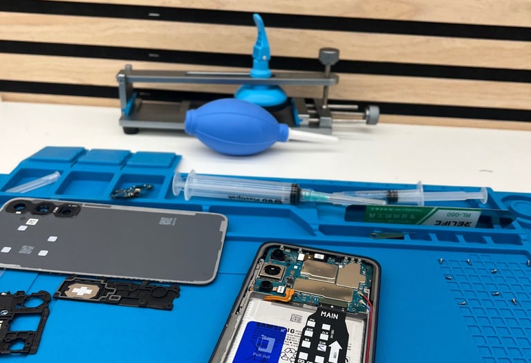 Diagnostic et recherche de panne sur smartphone Samsung ouvert en atelier.