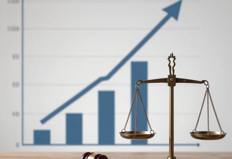 Creative workspace with legal books and digital marketing materials spread out.