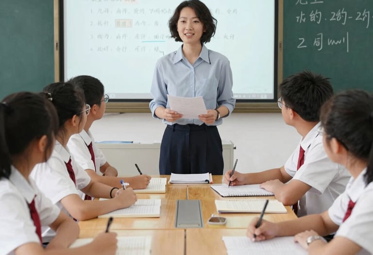 A modern classroom with students learning Mandarin language interactively.