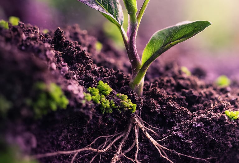 A young green seedling growing in dark soil showing its healthy root system for gardening.