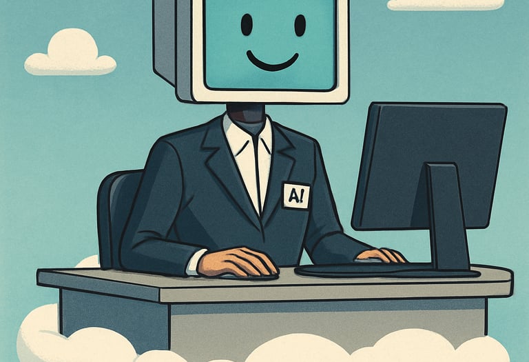 White rounded card titled 'AI Chatbots' with sky blue text on a sky blue background featuring a cloud photo.