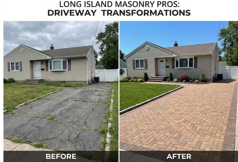 Before and after masonry transformation of an old asphalt driveway to new brick pavers in Long Island.