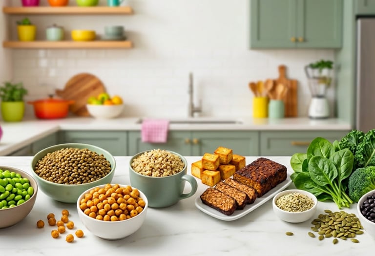 A variety of plant-based protein sources including lentils, chickpeas, quinoa, tofu, and tempeh on a kitchen counter.