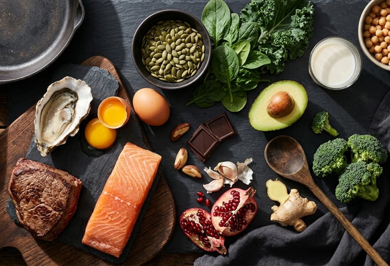 Flat lay of healthy nutrient-dense foods including salmon, steak, avocado, and leafy greens on dark stone.