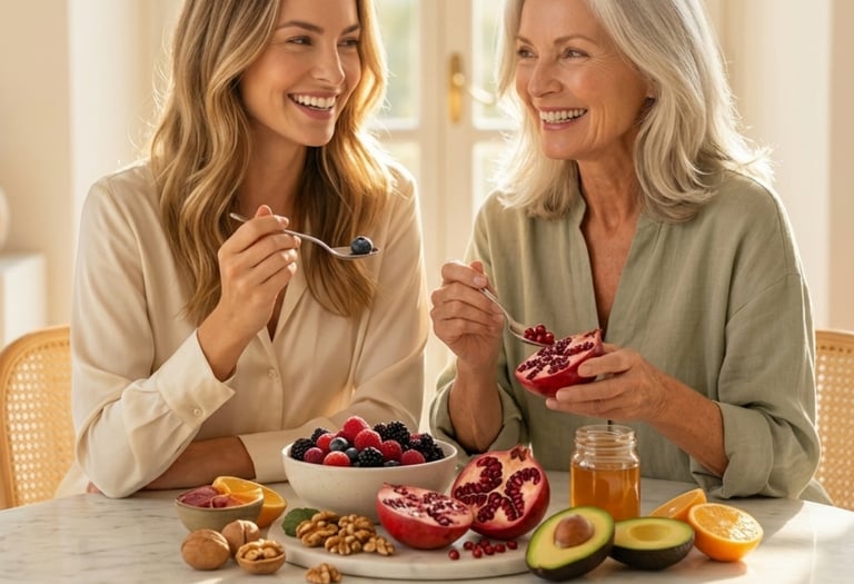 Smiling mother and daughter eating healthy breakfast with fresh fruit, pomegranate, and berries.