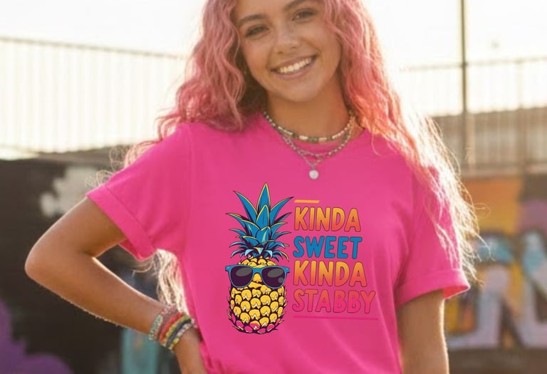 Woman wearing a bright pink t-shirt with a "Kinda Sweet Kinda Stabby" pineapple graphic.