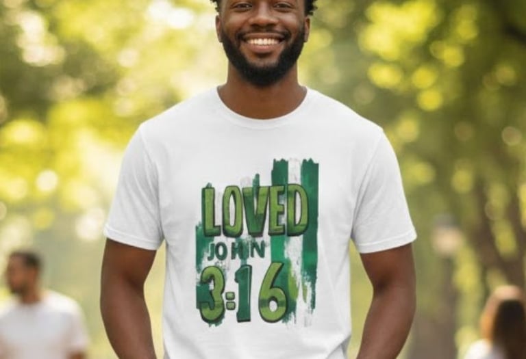 White tee St. Patrick theme Loved John 3:16 Bible Verse.