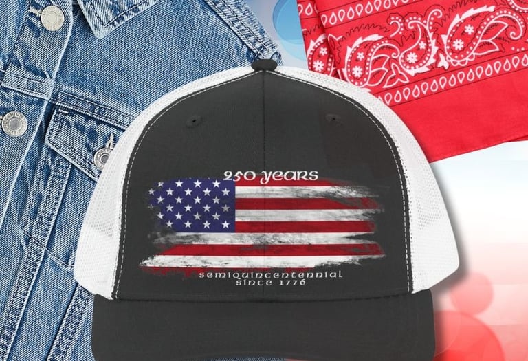 Black and white trucker hat with US flag and '250 years' text. Patriotic 250th Anniversary apparel.