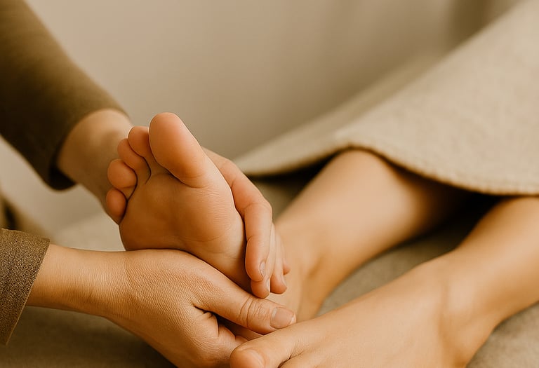 Reflexology treatment, thumbs pressing foot reflex zones. Support circulation, ease tension, and calm the nervous system