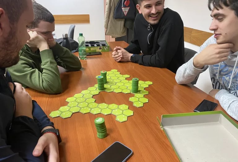 Grupa ljudi igra društvenu igru Battle Sheep, uživajući u strateškoj zabavi na stolu