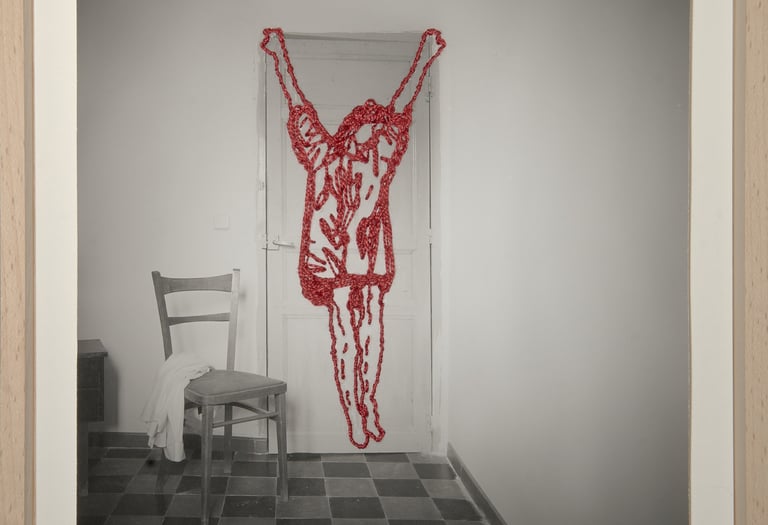 Conceptual art photo of a red beaded human figure hanging over a door in a minimalist room.