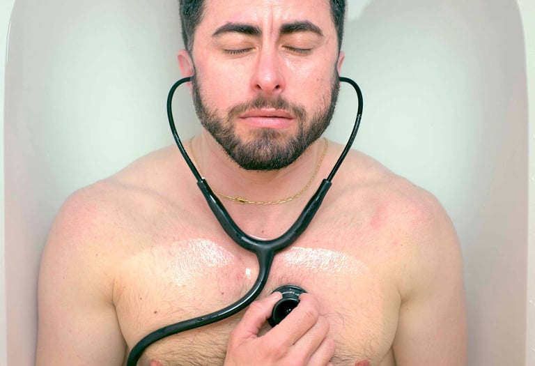 Bearded man in a white bathtub using a stethoscope to listen to his own heart for wellness monitoring.