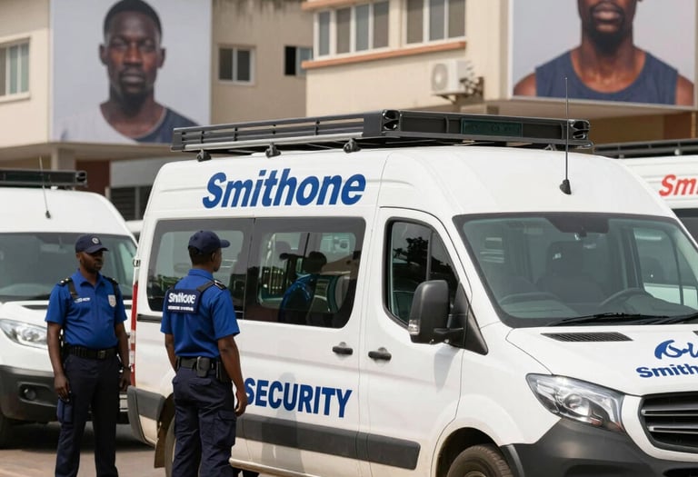 A Smithone Intelligence branded security van parked in a busy Nigerian street with uniformed Nigerian security personnel standing nearby.