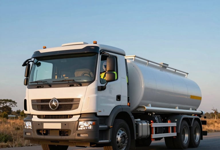 Fuel transportation truck driving on a highway at sunrise.