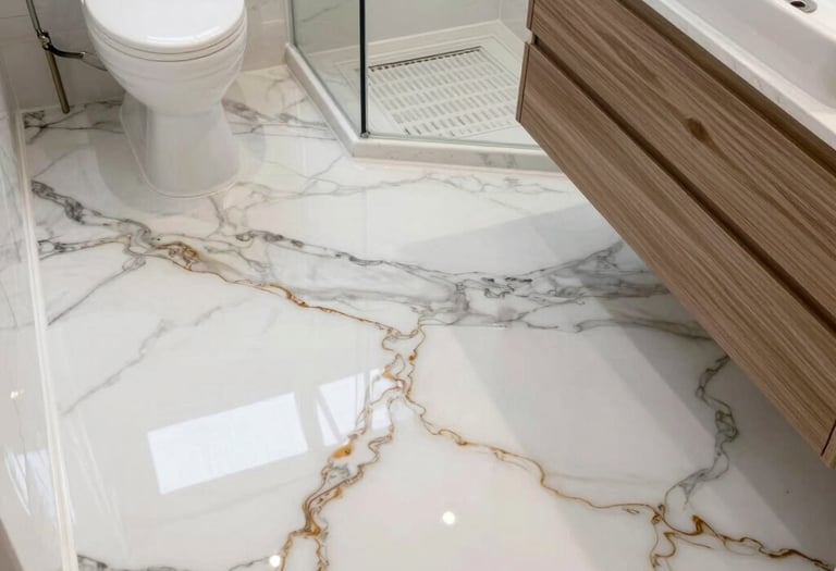 Decorative epoxy resin floor with marble-effect finish