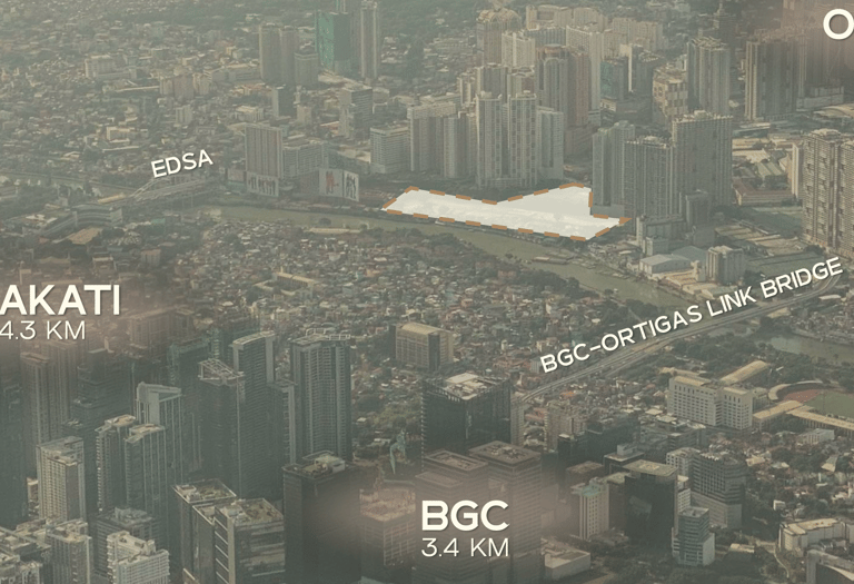Aerial view of Metro Manila skyline showing Makati, BGC, and the BGC-Ortigas Link Bridge development area.