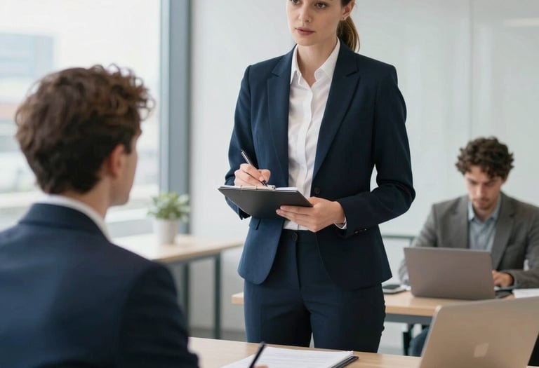 A consultant presenting data insights to a small group in a modern office.