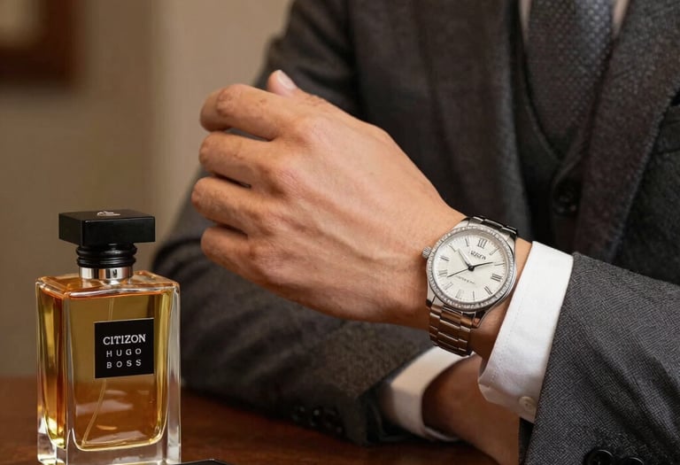 A minimalist urban fashion studio workspace with sketches and fabric samples on a clean wooden table.