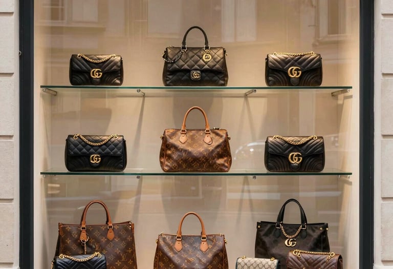 A vibrant scene from a live Curationhouse show featuring a host showcasing exclusive designer bags.