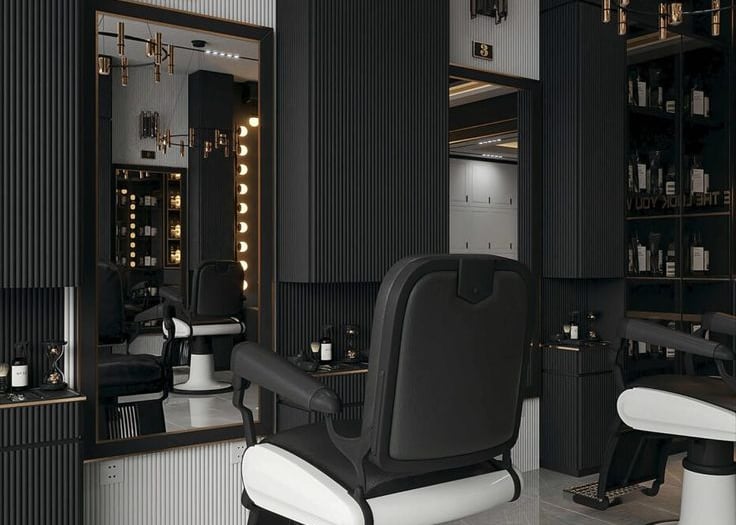 a salon chair in a salon with a chandelier