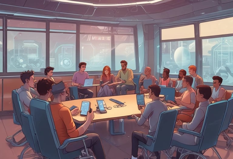 Equipo de personas reunidas alrededor de una mesa de trabajo grande