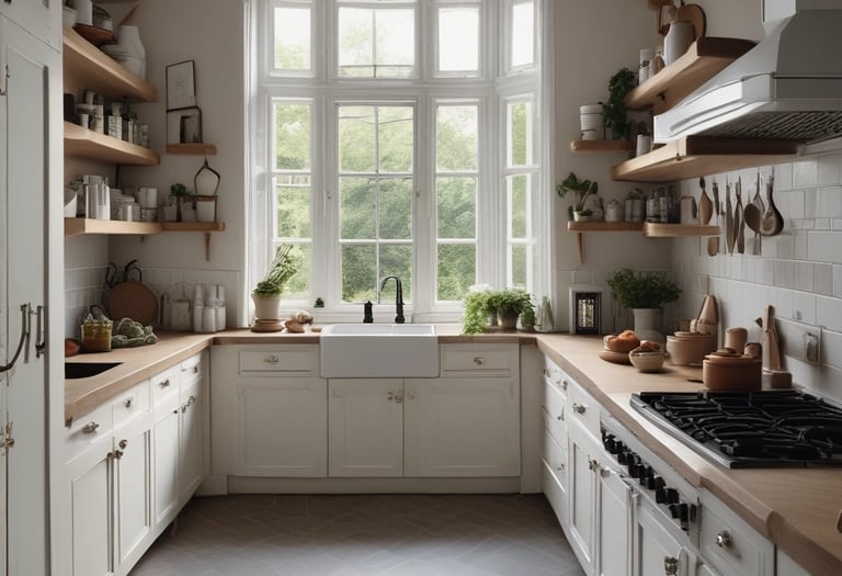 A bright kitchen scene featuring modern appliances and organized shelves, showcasing ease and style in everyday cooking.