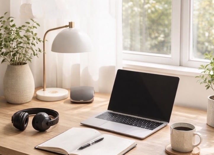 A minimalist home office desk with a laptop, open notebook, black headphones, and a cup of coffee by a sunny window.