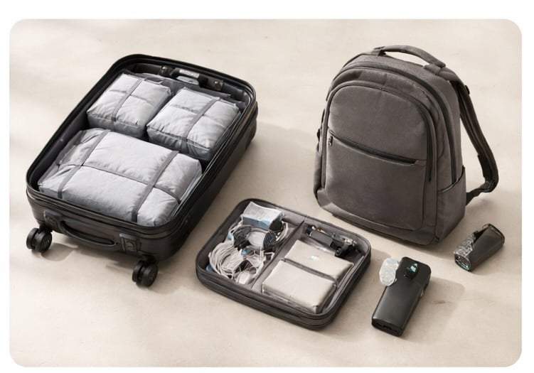 Open carry-on suitcase with packing cubes next to a grey travel backpack and tech organizer.
