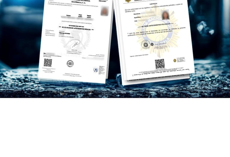 Official Guatemala criminal record and police background check documents displayed against a blurred blue background.