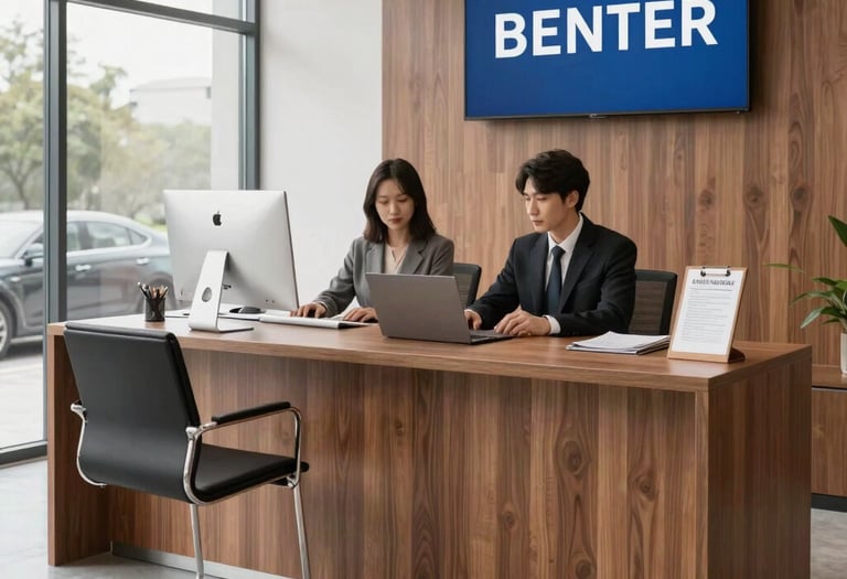 A friendly customer service agent assisting a renter at a 24/7 service desk.