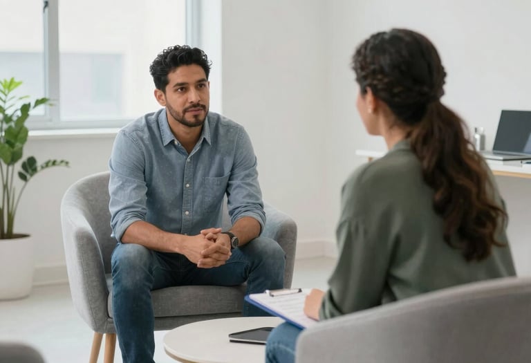 A serene therapy room bathed in soft natural light with calming blue tones and plants by the window.