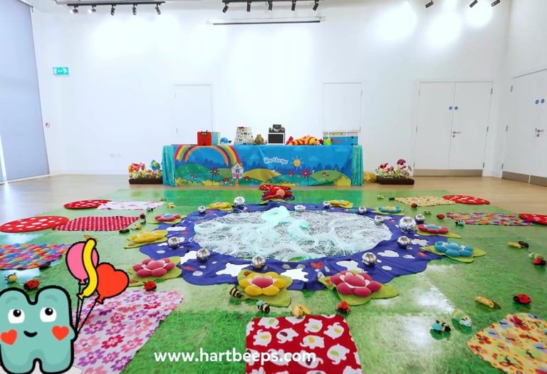 Hartbeeps sensory play setup with props and mats at Golden Acre Community Centre Saffron Walden